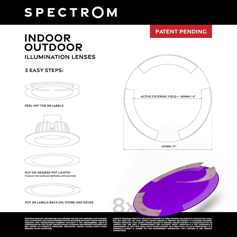SPECTROM Illumination Lenses for 5" Pot Lights & Recessed Lighting | Instant Colour Change, Tool-Free Setup, Reusable & Eco-Friendly, Any Event, Easy Peel & Press Application (Purple (8pcs)) - Image 4